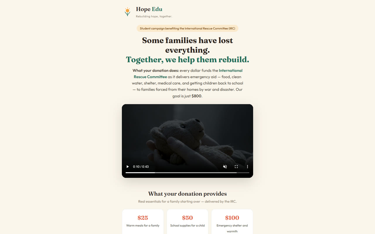 Hope Edu nonprofit campaign page