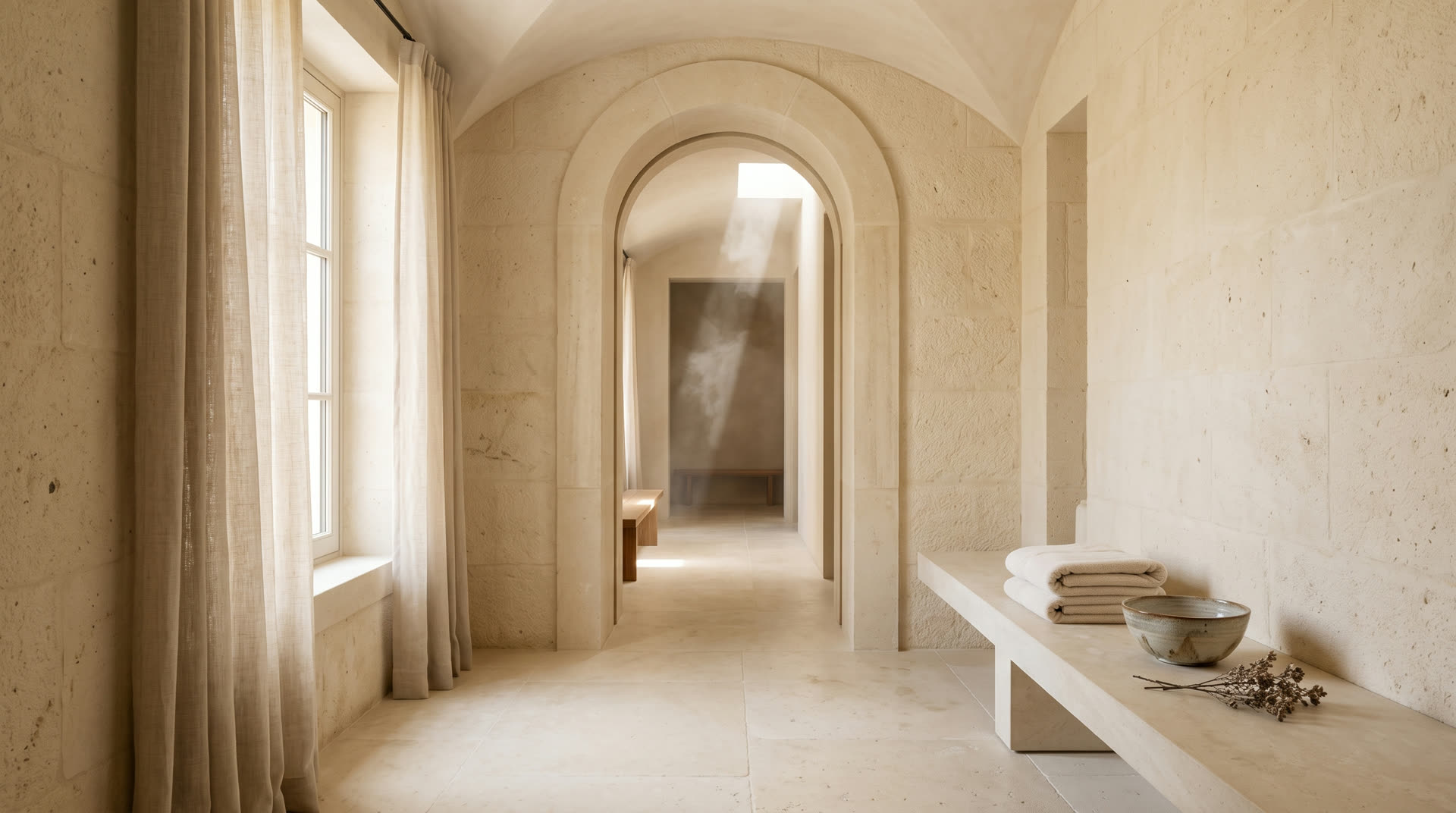 Limestone spa hallway in soft morning light
